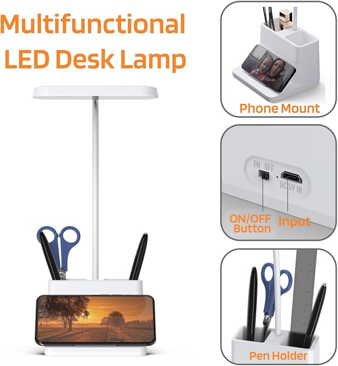 Rechargeable Small Desk Lamp for Home Office Bedroom, Study Table Light for Kids Teens, White, LED, Pen Holder, Mini, Gooseneck, College Dorm Room Lighting for Computer Keyboard Desktop Task