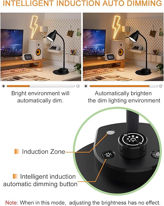LED Desk Lamp with USB Charging Port 3 Color Modes Dimmable Reading Light Intelligent Induction Auto Dimming Task Lamp Flexible Gooseneck Table Lamp for Bedside Office, AC Adapter Include