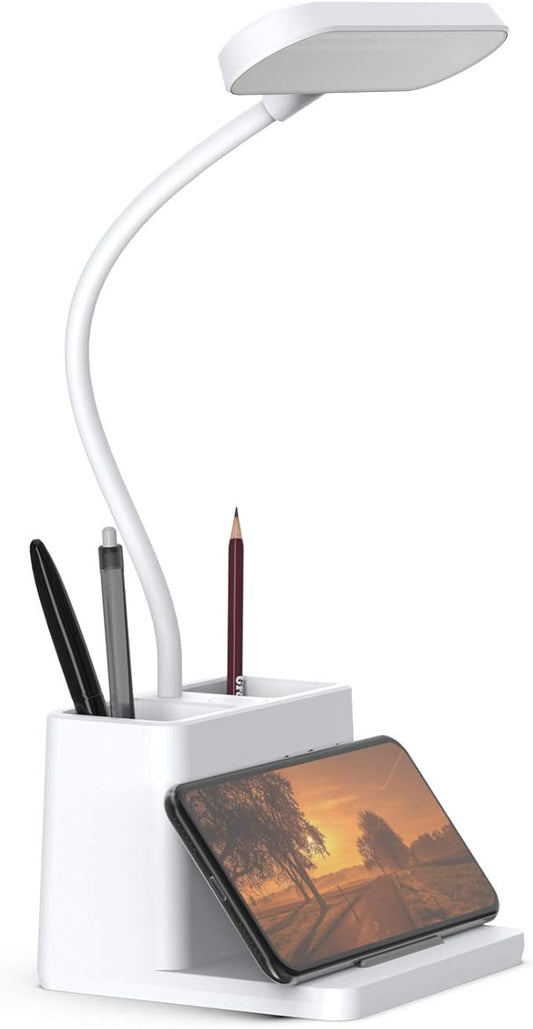 Rechargeable Small Desk Lamp for Home Office Bedroom, Study Table Light for Kids Teens, White, LED, Pen Holder, Mini, Gooseneck, College Dorm Room Lighting for Computer Keyboard Desktop Task