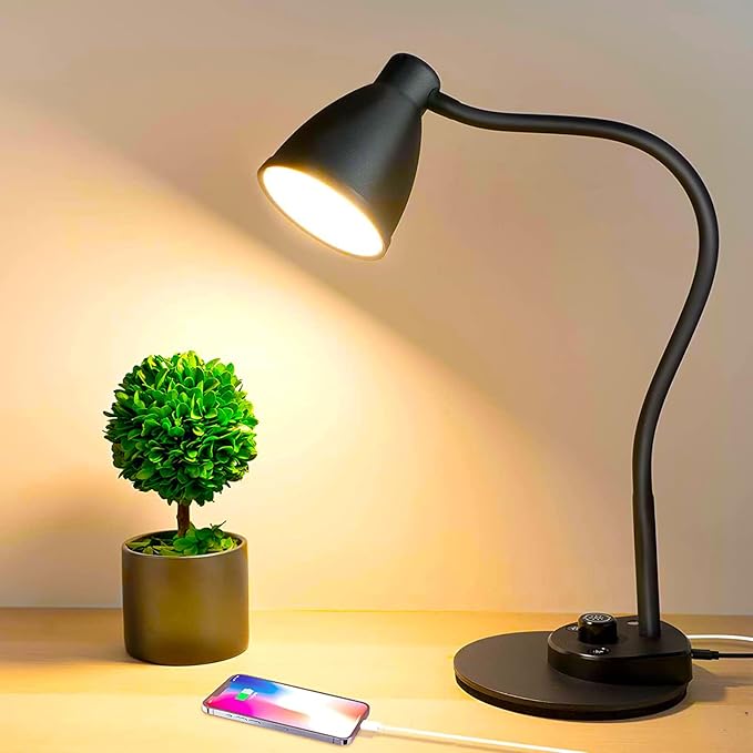 LED Desk Lamp with USB Charging Port 3 Color Modes Dimmable Reading Light Intelligent Induction Auto Dimming Task Lamp Flexible Gooseneck Table Lamp for Bedside Office, AC Adapter Include