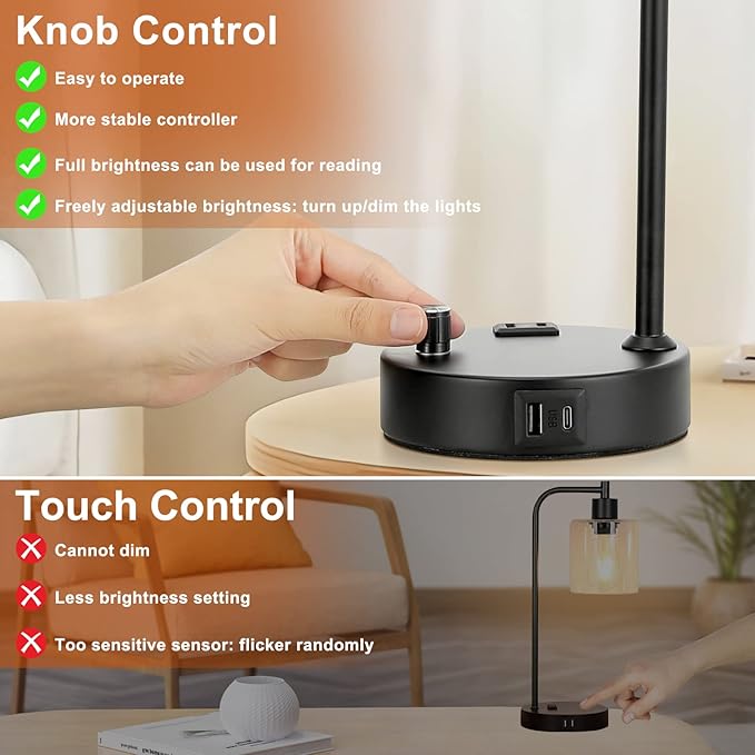 Industrial Table Lamps for Bedrooms Set of 2 - Fully Dimmable Bedside Lamps with USB A and C Ports and Outlet, Black Nightstand Lamps with Glass Shade for Living Room, Desk Lamps for Office Reading
