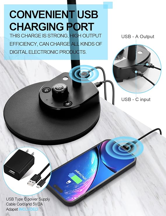 LED Desk Lamp with USB Charging Port 3 Color Modes Dimmable Reading Light Intelligent Induction Auto Dimming Task Lamp Flexible Gooseneck Table Lamp for Bedside Office, AC Adapter Include
